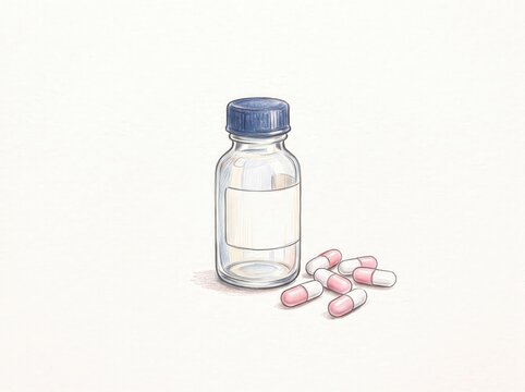Clear Glass Bottle with Blue Lid and Colorful Capsules Isolated on Light Background