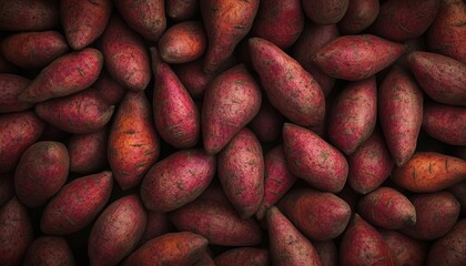 Obraz premium Organic Raw Sweet Potatoes A Bunch of Naturally Textured Root Vegetables Full Frame Background Raw.