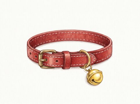 Red Leather Pet Collar with Bell on a White Background for Animal Accessories and Pet Care