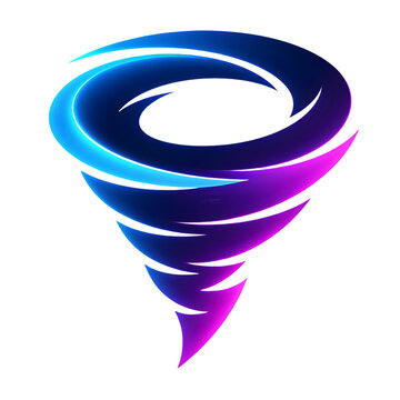 Abstract neon tornado icon with blue and purple gradient swirl design.