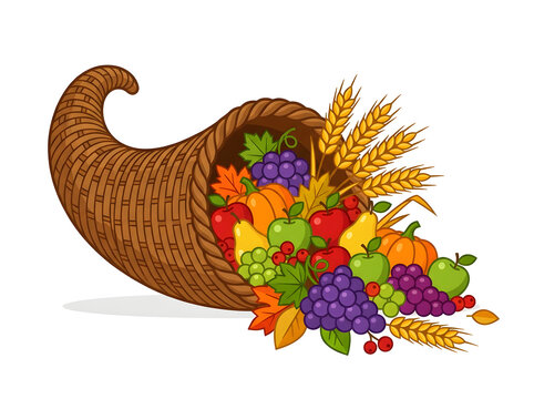 Vector cornucopia overflowing with fruits and pumpkin, thanksgiving harvest horn
