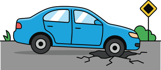 Naklejka premium Cartoon illustration of a blue sedan car with its rear wheel trapped in a cracked pothole on the road, next to a warning traffic sign and bushes, depicting road damage and vehicle accident concept.