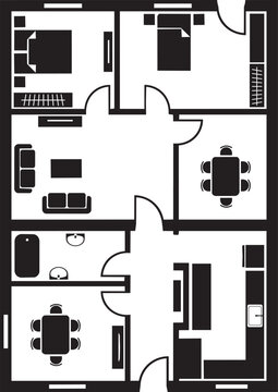 Black and white top view floor plan illustration of a residential home interior featuring bedrooms, living room, dining area, bathroom, kitchen and hallway layout, ideal for real estate, architecture,