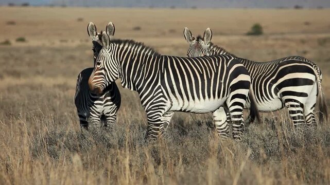 African mountain zebra standing in dry savanna, wild zebras in natural habitat, safari wildlife animals in golden grass