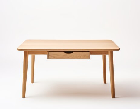 Wooden desk setup, daylight workspace concept, isolated on white background