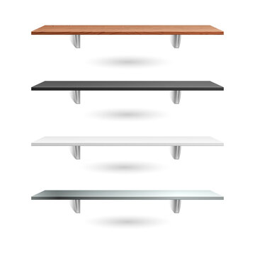 Floating shelves in various colors and materials shown floating on transparent background