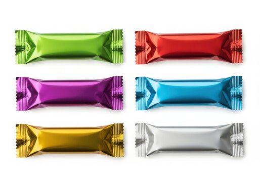 Colorful foil-wrapped candy bars assortment isolated on white background