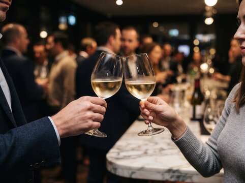 Close up of a man and woman clinking white wine glasses together in a crowded indoor bar. Wine glasses touch during professional networking event or social celebration at luxury lounge.