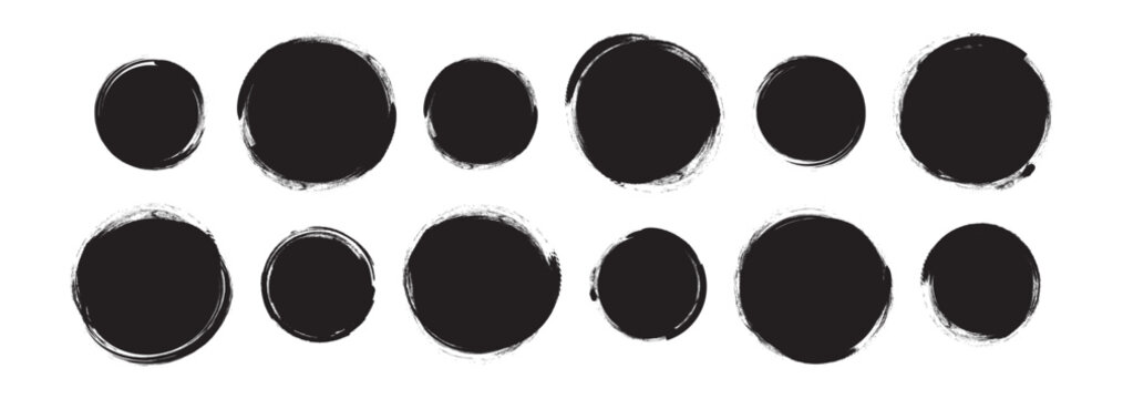 Circle paint brush, round frame grunge texture. Black crayon stain, charcoal drawn spot set, abstract rough badge. Decorative box coal effect isolated on white background. Modern vector illustration