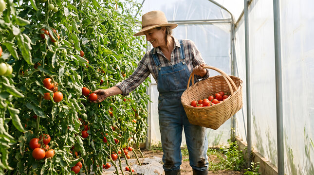 A female farmer picks ripe red tomatoes from plants inside a greenhouse, holding a wicker basket full of harvested produce.
