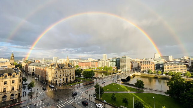 A vivid double rainbow arches over a wet urban cityscape with a river, bridges, and mixed architecture after rain.