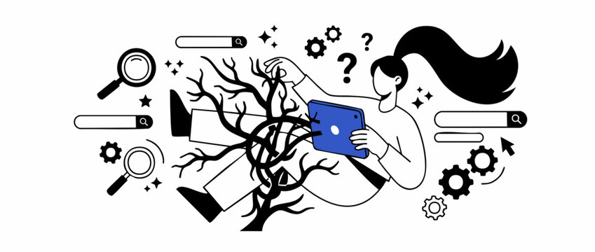 Woman using tablet SEO search optimization tangled in complex web of roots and search icons, illustrating complicated digital research, data analysis, problem solving, and online marketing strategy.