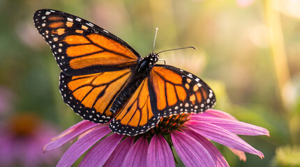 Obraz premium A vibrant monarch butterfly perches on a purple coneflower in a sunlit natural outdoor setting. 