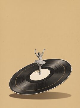 Ballerina figure balancing on tilted vinyl record in paper cutout illustration style