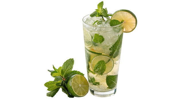 Refreshing iced mojito cocktail glass with mint and lime isolated on transparent background for summer beach bar menu.