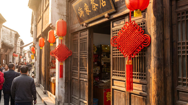 A traditional tea shop with red Chinese knots and lanterns lines a historic old street, with pedestrians walking along the paved path. Warm sunlight illuminates the wooden architecture.