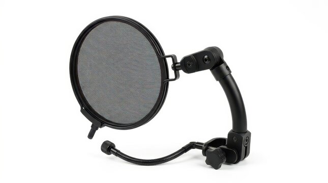 Professional microphone pop filter with adjustable gooseneck, black mesh studio wind screen for recording, vocal audio equipment on white background