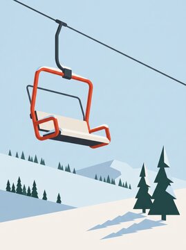 Empty chairlift hanging over snowy mountain slope in flat illustration, outdoor recreation