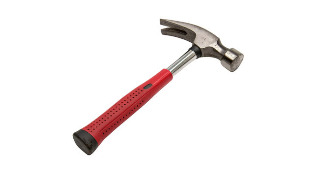 Classic metal claw hammer with red rubber handle isolated on transparent background for home hardware carpentry repair tools.