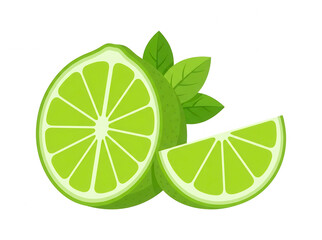 Wektorowa ilustracja świeżej limonki z przekrojem na pół i dodatkowym klinem, ozdobiona zielonymi liśćmi na czystym białym tle, idealna do projektów kulinarnych, napojów i zdrowego odżywiania.