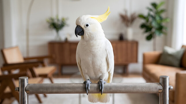 A white sulphur-crested cockatoo perches on a metal stand inside a bright, cozy living room with modern furniture and houseplants.