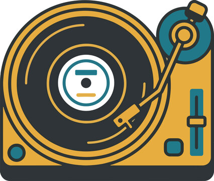 Flat vector illustration featuring vintage turntable record player showing minimalist graphic style isolated background