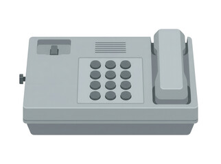 Ilustracja wektorowa klasycznego szarego telefonu stacjonarnego z przyciskami numerycznymi i słuchawką, przedstawiona w płaskim stylu graficznym na białym tle, idealna do projektów retro i biurowych.