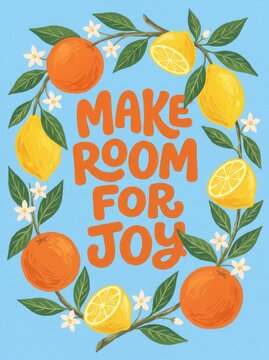 Gouache-painted citrus wreath illustration with bold lettering