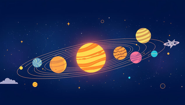A vibrant cartoon depiction of the solar system featuring multiple planets orbiting a bright sun, with a spaceship flying by.