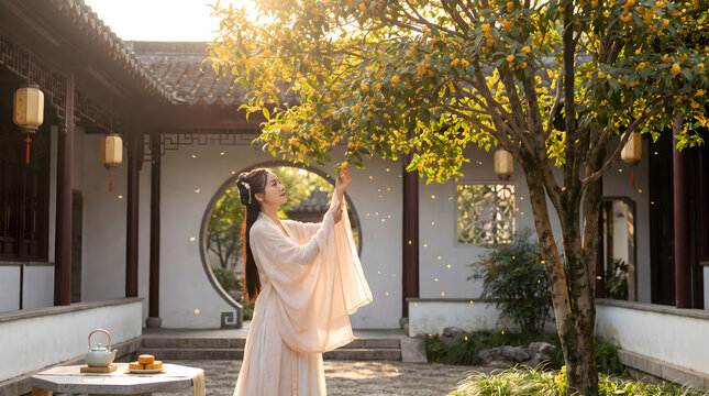 A woman in traditional hanfu reaches for osmanthus flowers in a classic Chinese courtyard with teaware on a stone table.