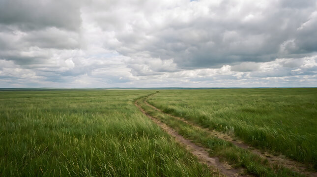 A vast open grassland with a winding dirt road stretching toward the horizon under a cloudy overcast sky, a serene natural landscape.
