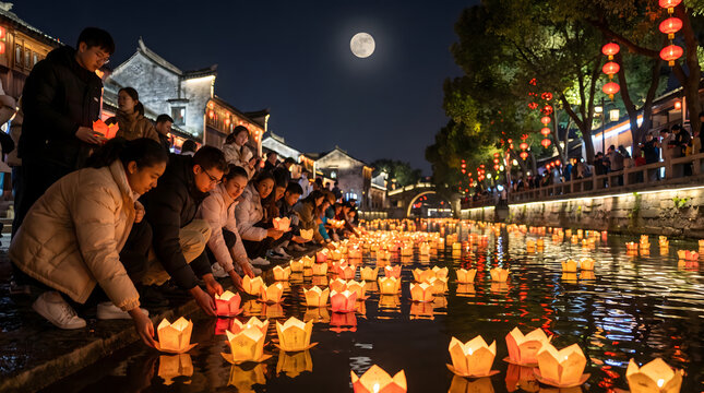 A group of people release glowing river lanterns on water at night, under a full moon, in a traditional town setting.