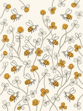 Honeybee and clover pattern in mustard gold line art design