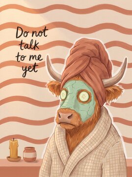 Highland cow character wearing spa face mask and towel turban