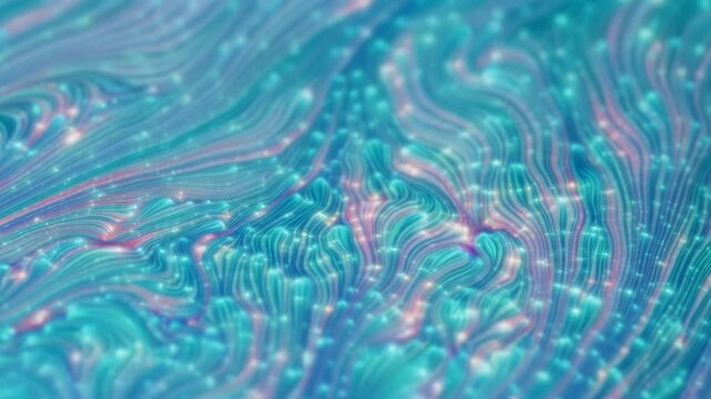 Macro flowing ribbons with shimmering highlights and evolving sparkle clusters in cyan teal pink palette, with abstract, flow, ribbon, strand detail, showing wave, texture, glossy, shimmer context