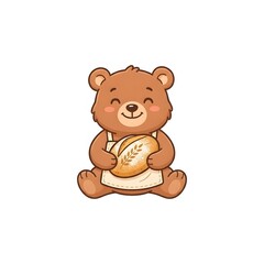 Fototapeta premium Cute cartoon bear wearing apron holding fresh sourdough bread loaf isolated on white background