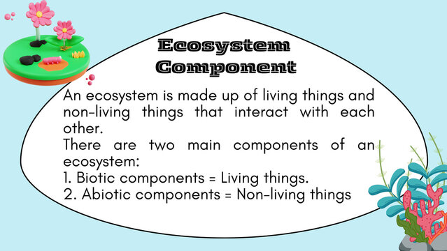 Ecosystem component educational slide, biotic and abiotic factors diagram, biology learning material for students and teachers