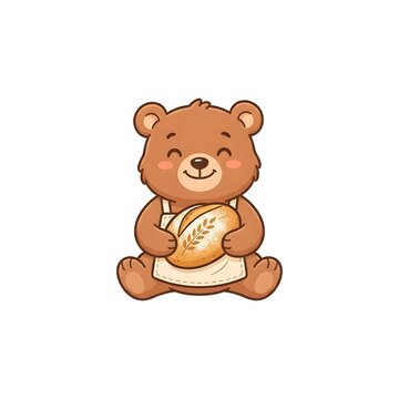 Cute cartoon bear wearing apron holding fresh sourdough bread loaf isolated on white background