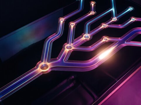 Glowing circuit tubes with pulsing light in neon purple and orange