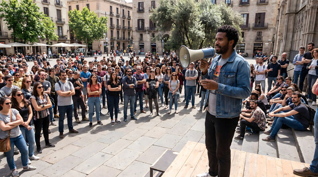 A man uses a megaphone to address a large gathered crowd in a sunlit urban stone plaza surrounded by old buildings.