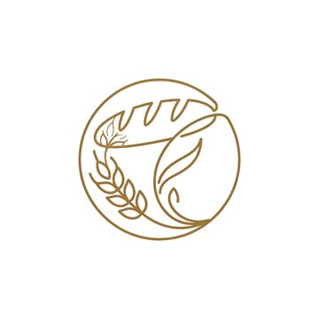 Minimalist line art bakery logo icon with bread baguette and wheat in round frame isolated on white background