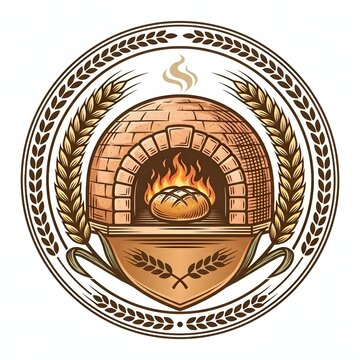 Brick stone oven bakery logo with bread and wheat ears round emblem vector illustration isolated on white background