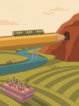 Train running along tracks on a giant pencil over green valley