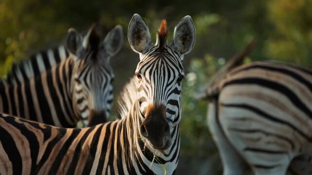 Zebra herd in golden hour sunlight, wild zebras grazing in African savanna, close-up of striped wildlife in natural habitat