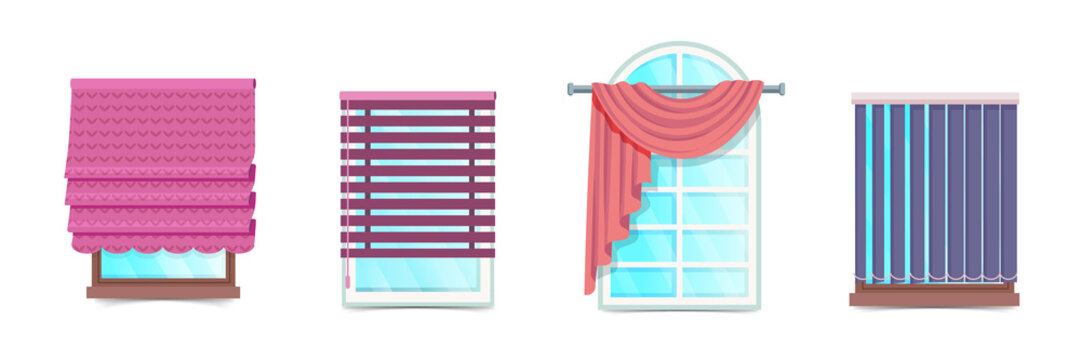 Colorful windows with different types of blinds and shutters on transparent background