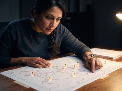 Woman examining pinned map with connecting strings at wooden desk, business analytics