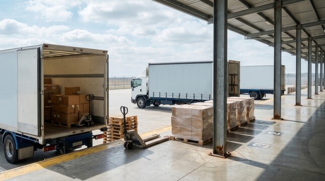 Semi-trailer trucks docked at warehouse loading bay with stacked pallets, freight distribution