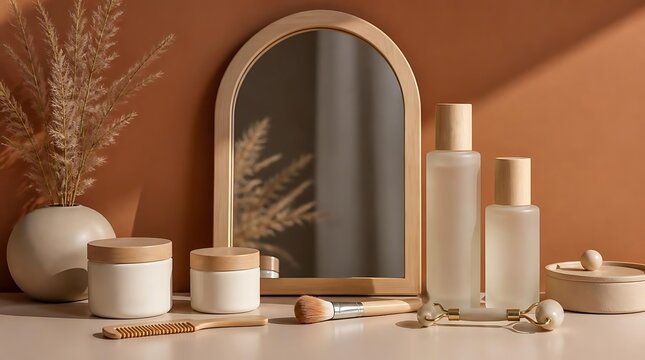 Boho aesthetic beauty products arranged on a shelf with a mirror and dried plants.