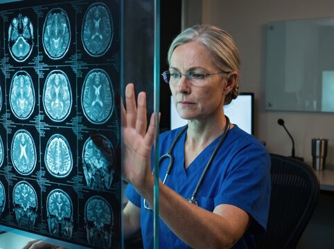 Doctor in blue scrubs examining brain scans on illuminated panel, healthcare delivery