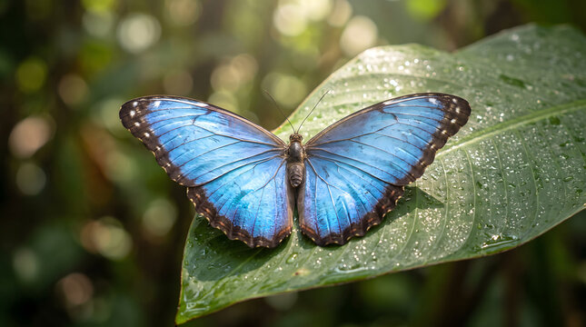 A vibrant blue morpho butterfly rests on a dewy green leaf, surrounded by soft natural light and blurred foliage.